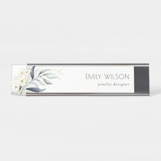 キュートブルーグリーン金ゴールドリービボタニカルフローラ束 デスクネームプレート (正面)