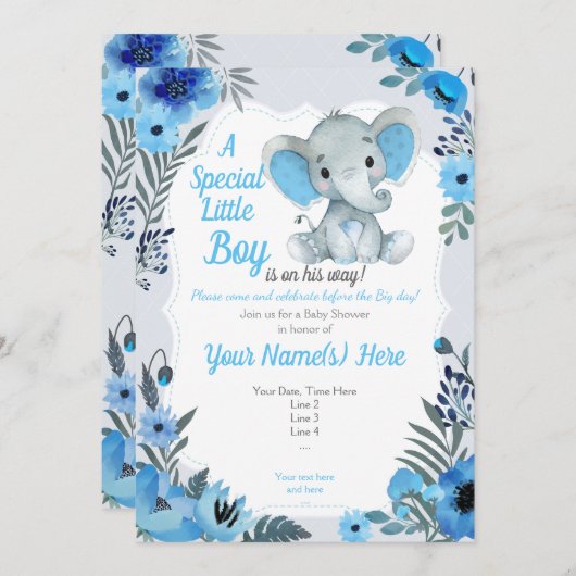 キュートブルーグレーエレファント招待状ベビーシャワー 招待状