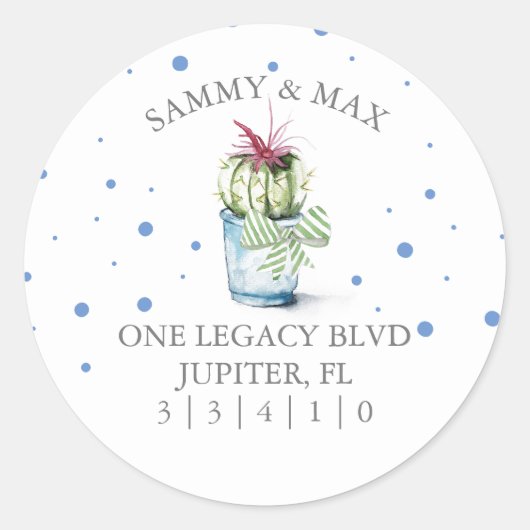 キュートブルーサボテン差出人住所封筒用シール ラウンドシール (正面)