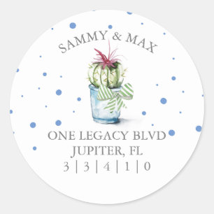 キュートブルーサボテン差出人住所封筒用シール ラウンドシール