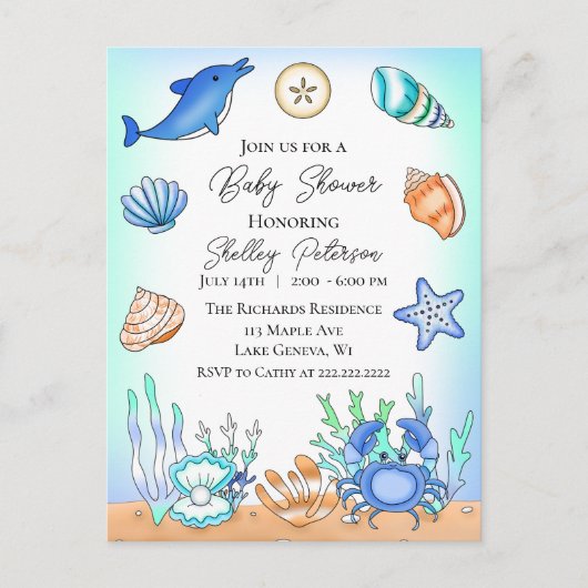 キュートブルーシーサイドビーチビーシーベイビーシャワー招待状 ポストカード (正面)