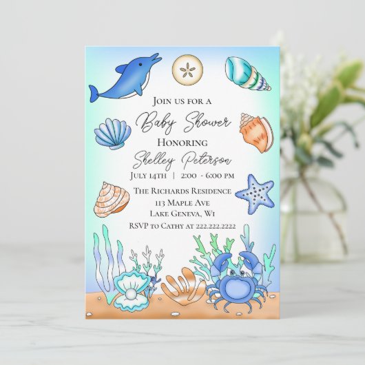 キュートブルーシーサイドビーチビーシーベイビーシャワー招待状 招待状 (スタンド正面)