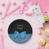 キュートブルージャガープリントブライトブルーリボンと名前 ペーパープレート (パーティー)