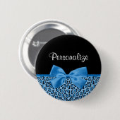 キュートブルージャガープリントブライトブルーリボンと名前 缶バッジ (正面&裏面)