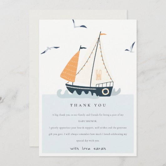 キュートブルーセイボートパステル航海のベビーシャワー サンキューカード (正面/裏面)