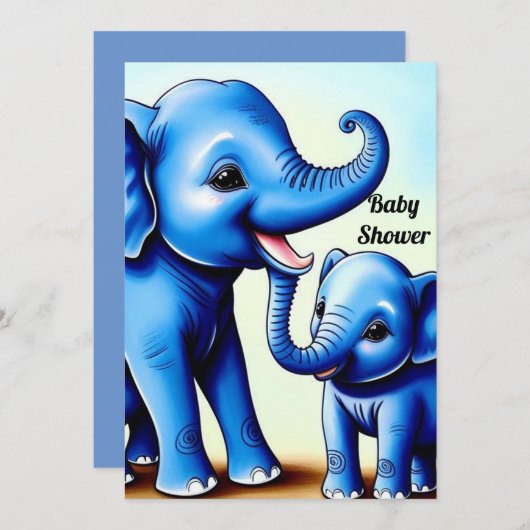 キュートブルーゾウ2頭招待状 招待状 (正面/裏面)