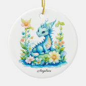 キュートブルーターコイズグリーンドラゴンパーソナライズされた セラミックオーナメント (正面)