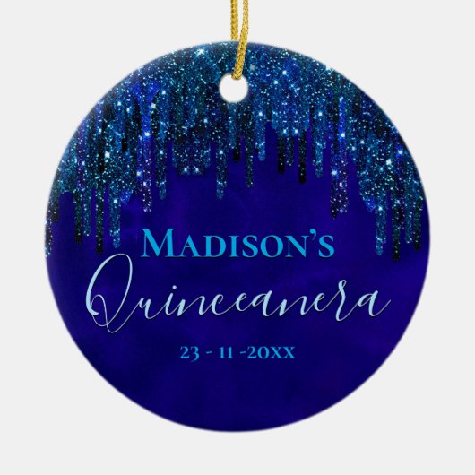 キュートブルーターコイズユニコーングリッターキンセアニェラ セラミックオーナメント (正面)