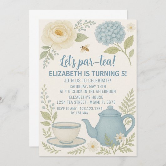 キュートブルーティーパーティー誕生日招待状 招待状 (正面/裏面)