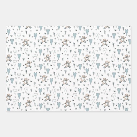 キュートブルーテディベア&ハート男の赤ちゃんイニシャル ラッピングペーパーシート (正面)