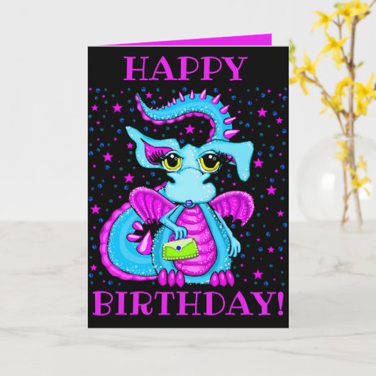 キュートブルードラゴン漫画パーソナライズされた誕生日 カード (黄色い花)