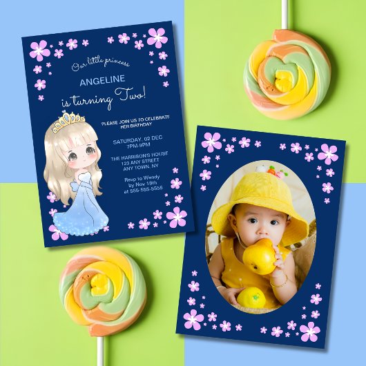 キュートブルードレスプリンセスフローラ写真誕生日 招待状