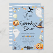 キュートブルーハロウィーン幽霊1stボーイ誕生日 招待状 (正面/裏面)
