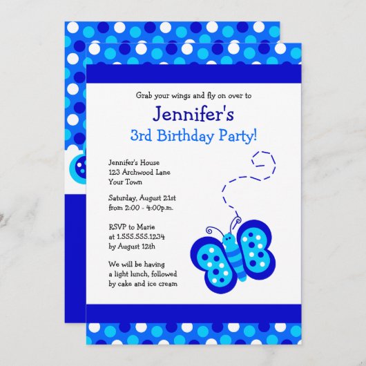 キュートブルーバタフライ(水玉模様付)誕生日招待状 招待状 (正面/裏面)