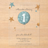 キュートブルーバルーンファースト誕生日 アクリル招待状 (正面)