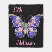 キュートブルーピンク金ゴールドバタフライフローラ名誕生日 フリースブランケット (正面)