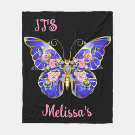 キュートブルーピンク金ゴールドバタフライフローラ名誕生日 フリースブランケット