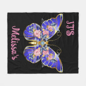 キュートブルーピンク金ゴールドバタフライフローラ名誕生日 フリースブランケット (正面(横))