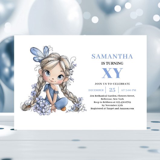 キュートブルーフェアリーガール3歳の誕生日パステルマジック 招待状