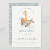 キュートブルーフライオーバーキリン動物飛行機誕生日 招待状 (正面/裏面)