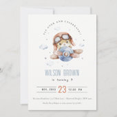 キュートブルーフライオーバーテディアニマル飛行機誕生日 招待状 (正面)