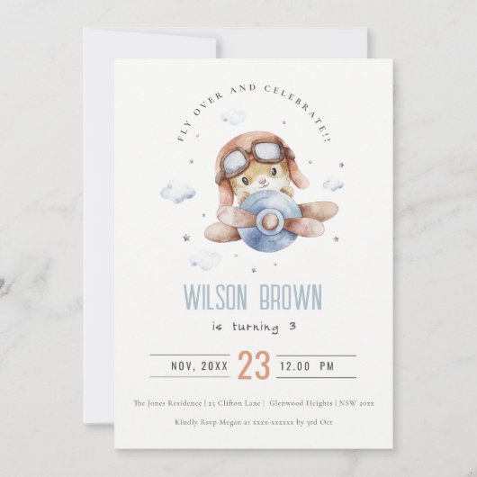 キュートブルーフライオーバーテディアニマル飛行機誕生日 招待状 (正面)