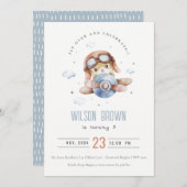 キュートブルーフライオーバーテディアニマル飛行機誕生日 招待状 (正面/裏面)