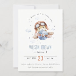 キュートブルーフライオーバーテディアニマル飛行機誕生日 招待状