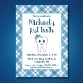 キュートブループレイド男の赤ちゃんの第1歯パーティー 招待状