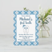 キュートブループレイド男の赤ちゃんの第1歯パーティー 招待状 (スタンド正面)