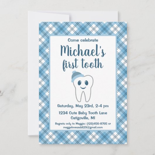 キュートブループレイド男の赤ちゃんの第1歯パーティー 招待状 (正面)