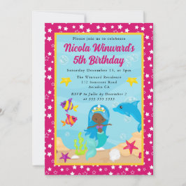 キュートブルーヘアマーメイド子供の誕生日 招待状