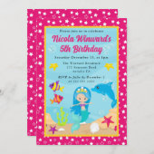 キュートブルーヘアマーメイド子供の誕生日 招待状 (正面/裏面)