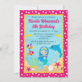 キュートブルーヘアマーメイド子供の誕生日 招待状