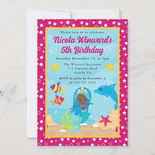キュートブルーヘアマーメイド子供の誕生日 招待状 (正面)