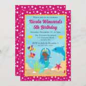 キュートブルーヘアマーメイド子供の誕生日 招待状 (正面/裏面)