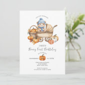 キュートブルーベアーベビーカー秋カボチャ1st誕生日 招待状 (スタンド正面)