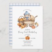キュートブルーベアーベビーカー秋カボチャ1st誕生日 招待状 (正面/裏面)