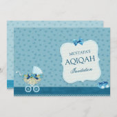 キュートブルーベビーカー男の赤ちゃんアキカ 招待状 (正面/裏面)