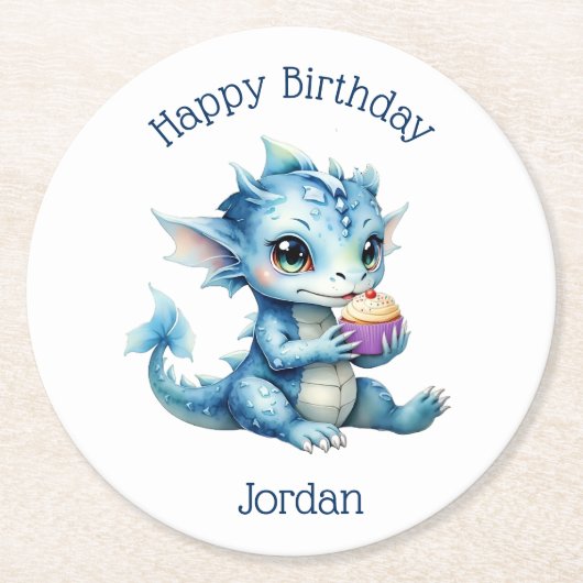 キュートブルーベビードラゴン食べズのカップケーキ ラウンドペーパーコースター (正面)