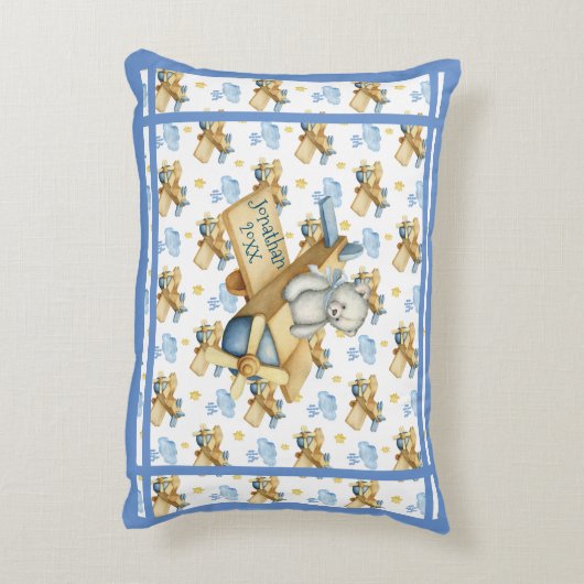 キュートブルーベビーベアーボーイフライト子供部屋デコール アクセントクッション (裏面(縦))