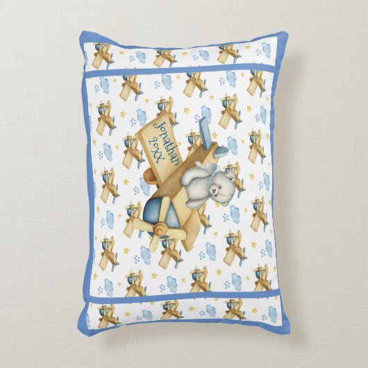 キュートブルーベビーベアーボーイフライト子供部屋デコール アクセントクッション (正面(垂直))