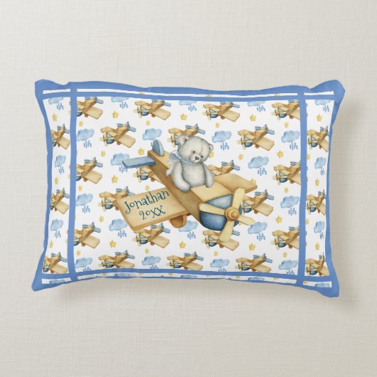 キュートブルーベビーベアーボーイフライト子供部屋デコール アクセントクッション (裏面)