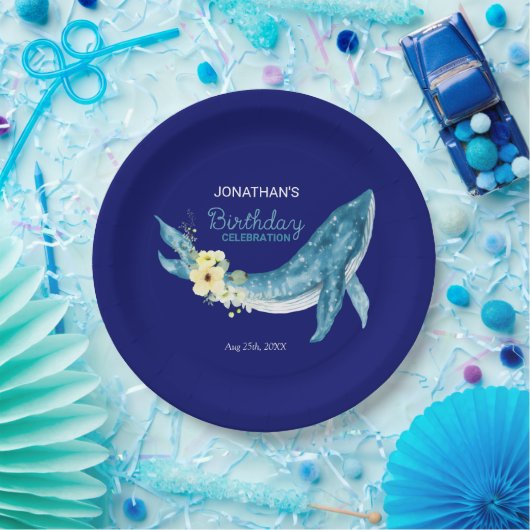 キュートブルーホエールイエローフローラネイビーバースデーパーティー ペーパープレート (パーティー)