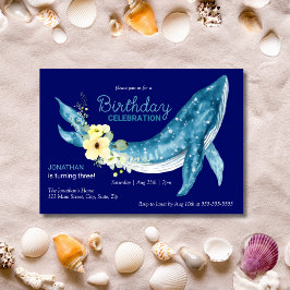 キュートブルーホエールイエローフローラネイビーバースデーパーティー 招待状