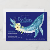 キュートブルーホエールイエローフローラネイビーバースデーパーティー 招待状 (正面)