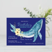 キュートブルーホエールイエローフローラネイビーバースデーパーティー 招待状 (スタンド正面)