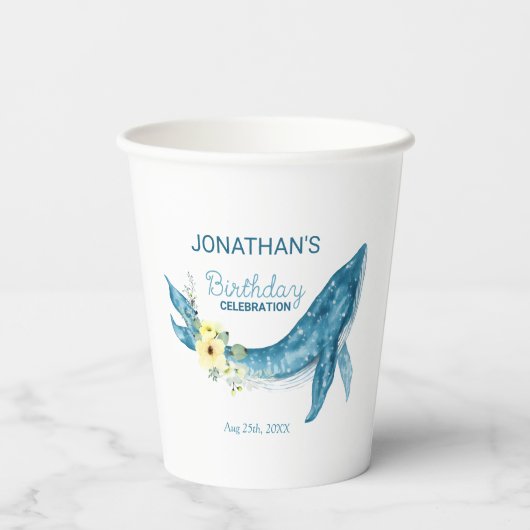 キュートブルーホエールイエローフローラ誕生会 紙コップ (裏面)