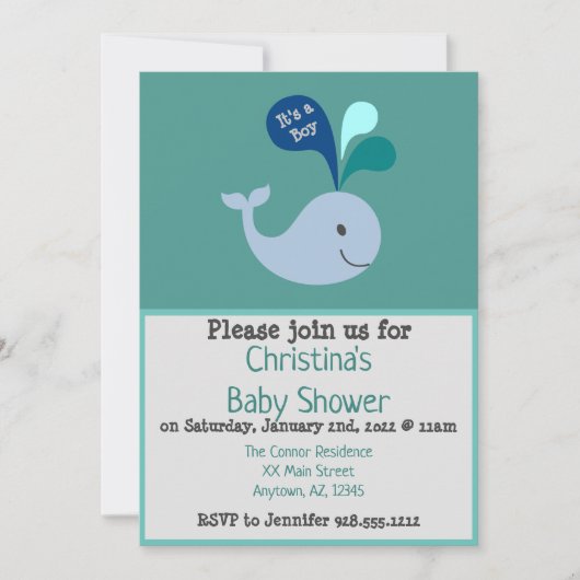 キュートブルーホエールシャワー男の赤ちゃん 招待状 (正面)