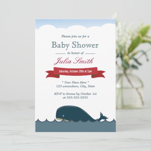 キュートブルーホエールシーズベビーシャワー招待状 招待状 (スタンド正面)